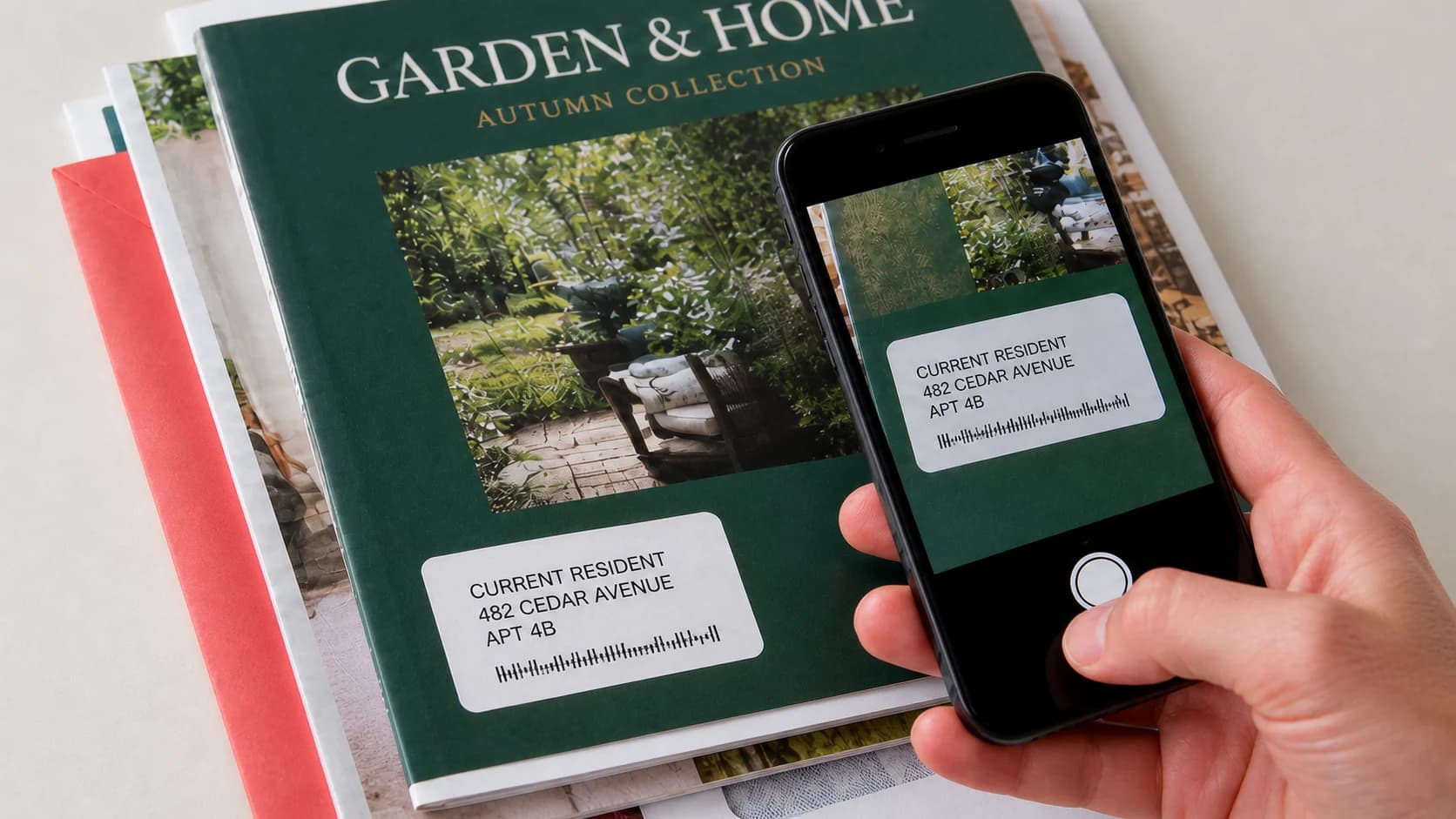 Illustration of a phone photographing the mailing label on a gardening catalog