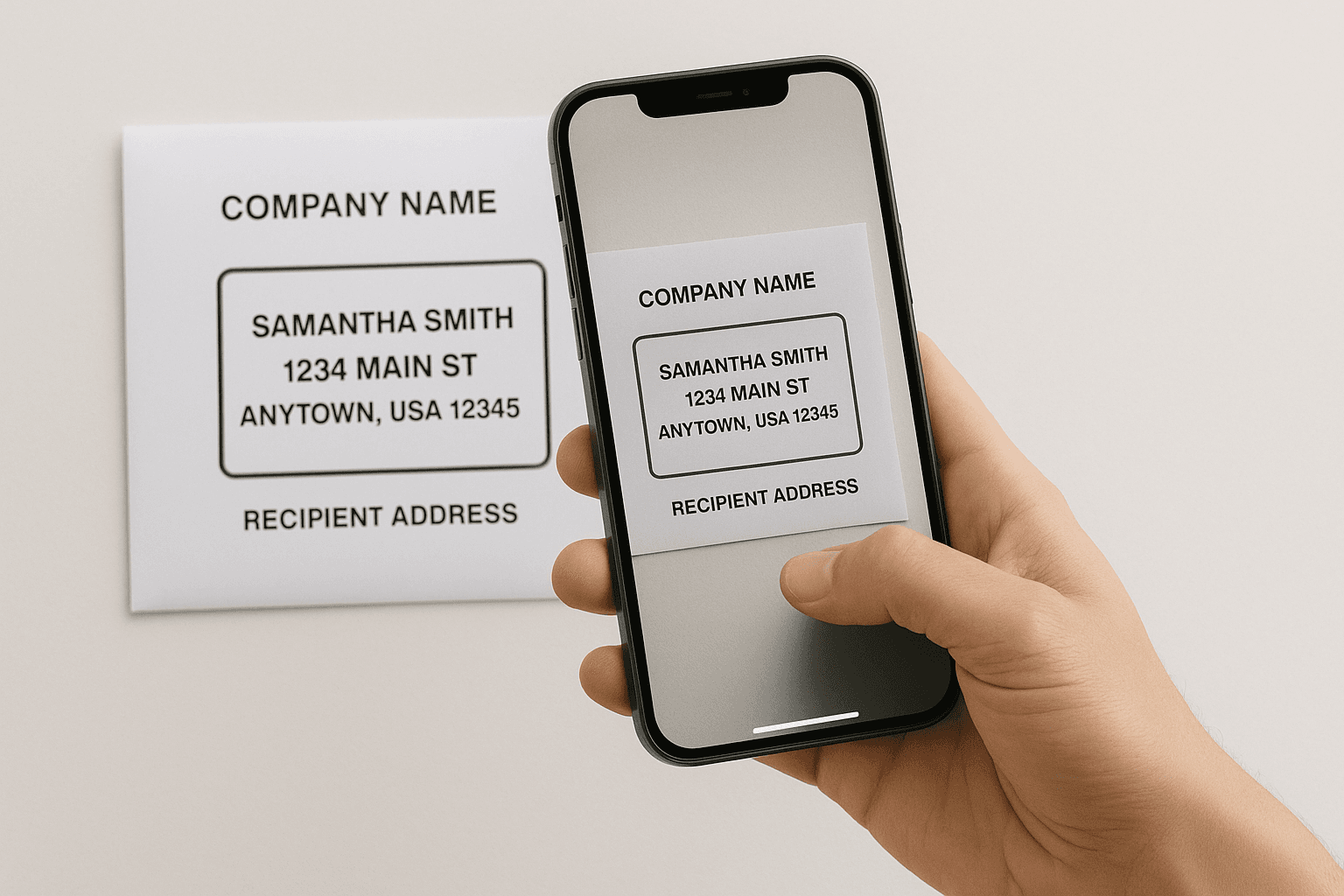 A phone positioned above one piece of paper junk mail with the sender and address label visible